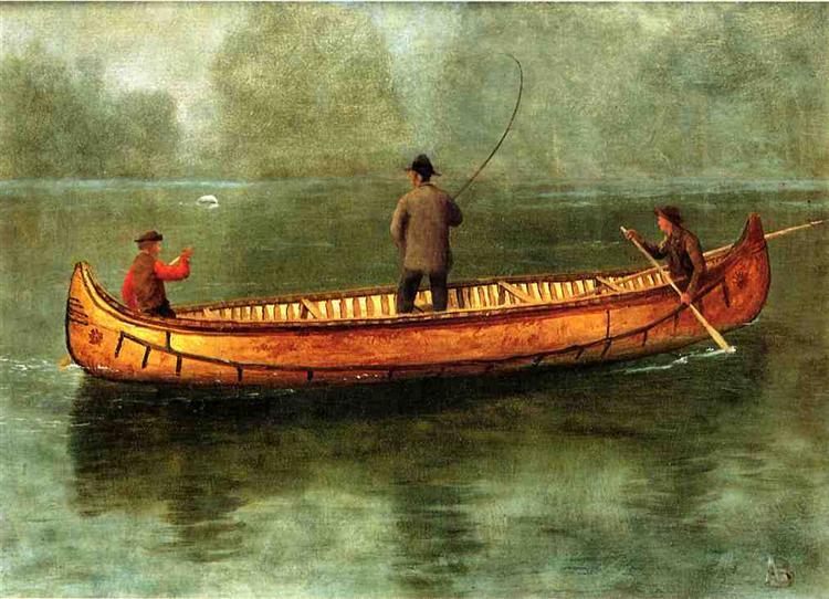 Albert Bierstadt Oil Painting Fishing from a Canoe - Click Image to Close